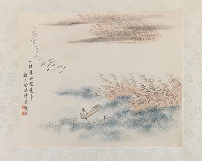 Fisherman and reeds, album leaf painting by Chinese School